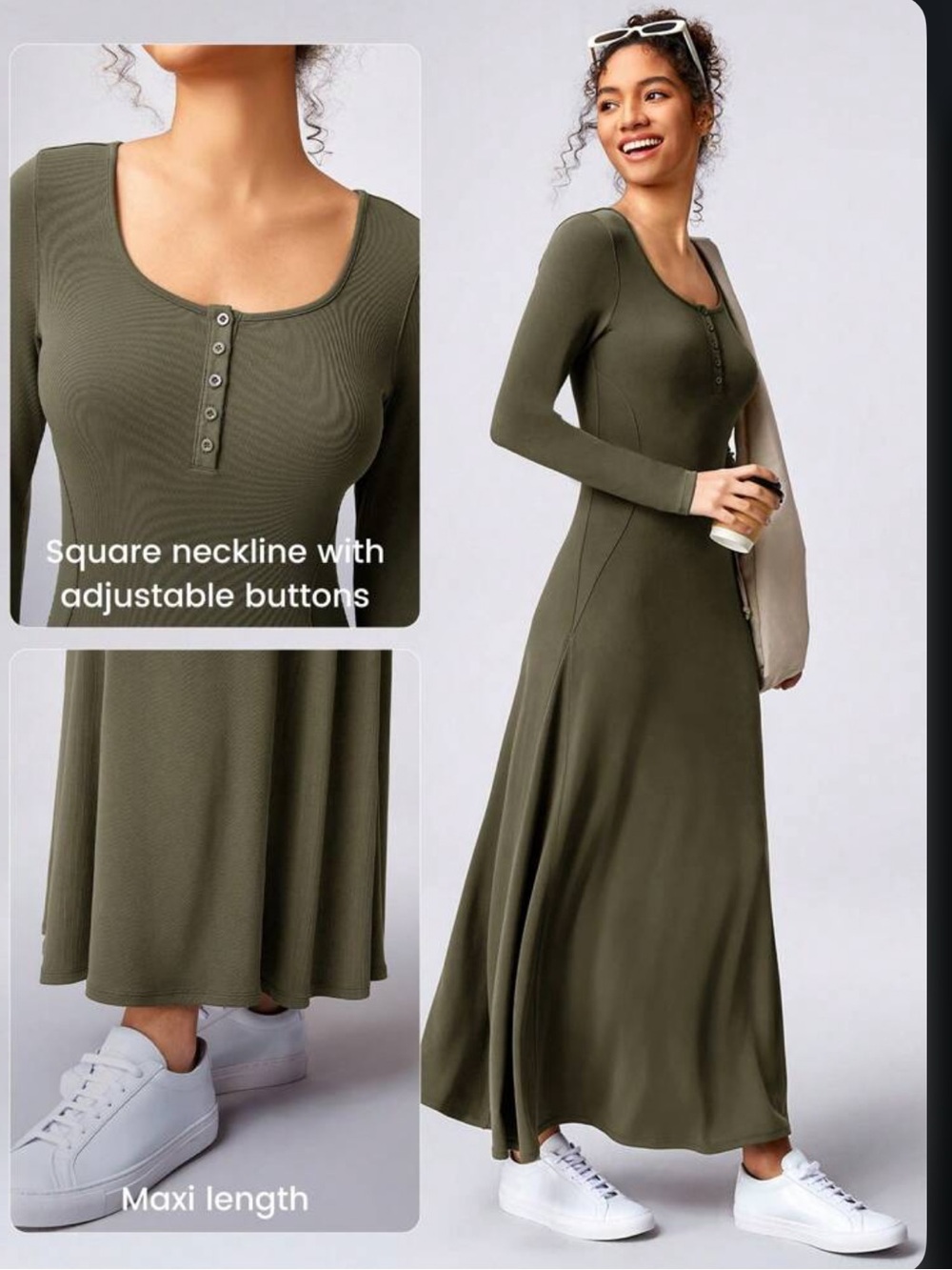 Who What Wear Olive Green Long-Sleeve Maxi Dress with Button Placket